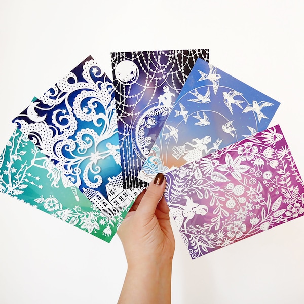 Postcard Set - 5 Unique Art Postcards - Prints of Original Papercut Illustrations