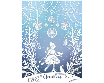 Personalized Print - 8x10 Print of Original Papercut - Customized with Your Name - Winter Wonderland Illustration
