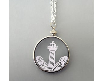Papercut Lighthouse Necklace- Original Handcut Paper in Glass Pendants with Silver Chain