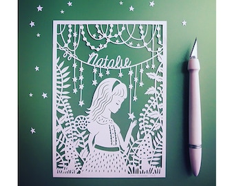 Personalized Papercut - Girl in the Forest 5x7" Paper Cut Illustration - Add Your Name