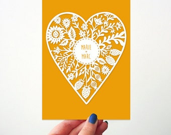 5x7" Personalized Print of Original Papercut - Customized with Your Names - Floral Heart