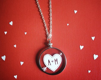 Initials Necklace - Cupid's Heart and Arrow- Original Handcut Paper in Glass with Silver Chain - Papercut Jewelry