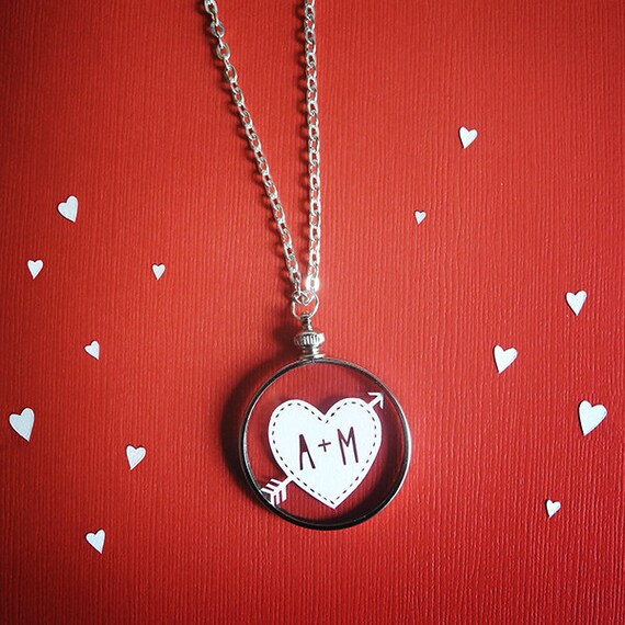 Initials Necklace - Cupid&#39;s Heart and Arrow- Original Handcut Paper in Glass with Silver Chain - Papercut Jewelry