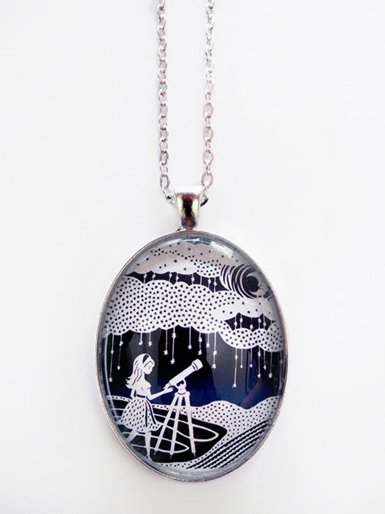 Stargazer Necklace Papercut Illustration Pendant with 24 Silver Chain image 2