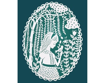 Meisje in de Willow bomen - originele Papercut Illustration - Teal 8 x 10 afdrukken