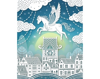 8x10 Print - Flyaway Horse - Originele Papercut Illustratie - Ready-to-Frame Print