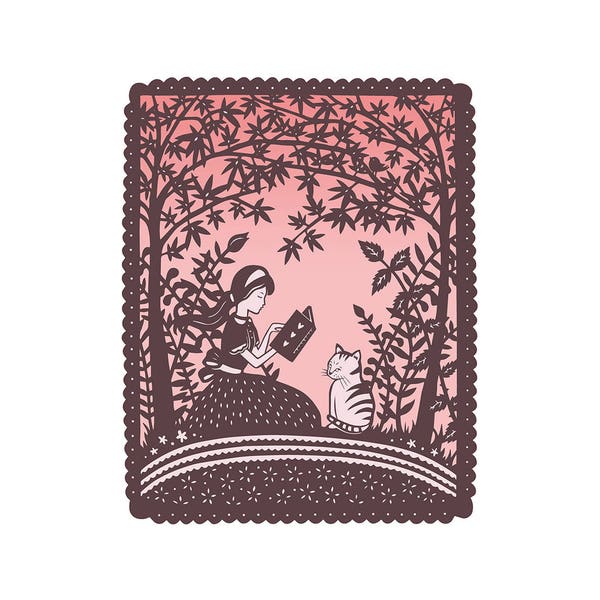 Print of Original Papercut Illustration - Dinah - Girl and Cat Reading Under Trees - 8x10 Fine Art Print