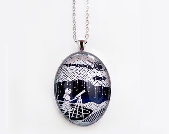 Stargazer Necklace - Papercut Illustration Pendant with 24" Silver Chain