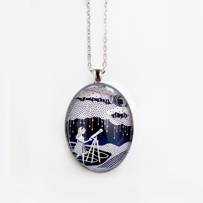 Stargazer Necklace Papercut Illustration Pendant with 24 Silver Chain image 1