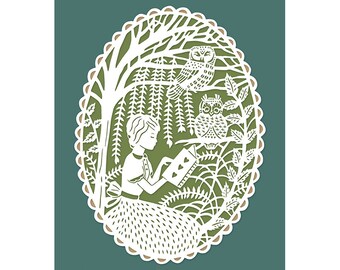 Print of Original Papercut Illustration - Reading in the Trees with Owls - 8x10 Fine Art Print