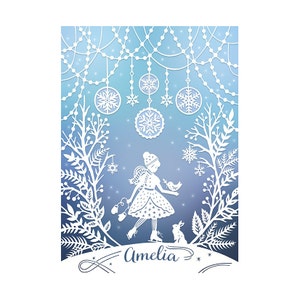 Personalized Print - 5x7 Print of Original Papercut - Customized with Your Name - Winter Wonderland Illustration