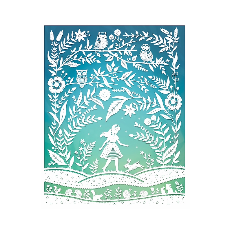 Walk in the Woods 8x10 Print Originele Papercut Illustratie Ready-to-Frame Print afbeelding 1