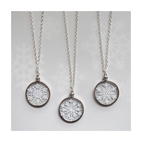 Snowflake Necklace - Paper Cut Jewelry - Handcut Paper in Glass with 24" silver chain