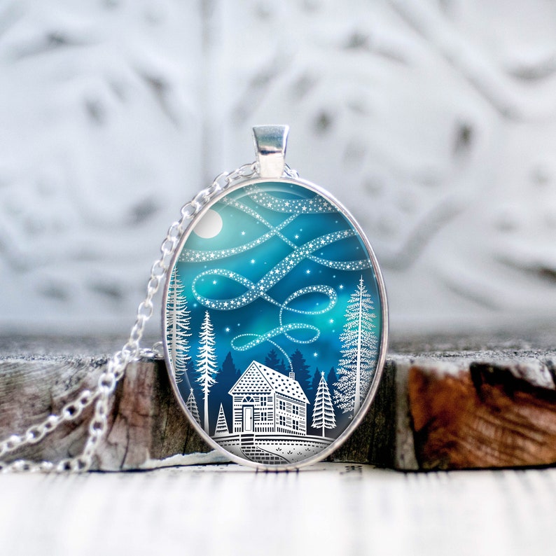 Cabin Necklace Papercut Illustration Pendant with 24 Silver Chain image 4