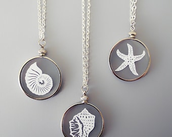 Papercut Necklaces - Summer Beach - Original Handcut Paper in Glass Pendants with Silver Chain