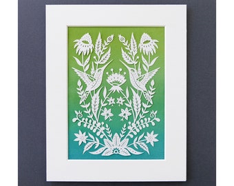 Matted Original Papercut - Handcut Paper Art with Watercolor Background - Green Hummingbirds - Ready to Ship