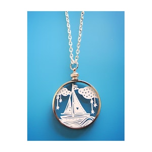 Papercut Sailboat Necklace- Original Handcut Paper in Glass Pendants with Silver Chain