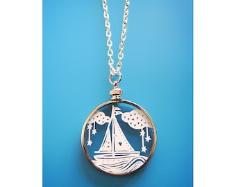 Papercut Sailboat Necklace- Original Handcut Paper in Glass Pendants with Silver Chain