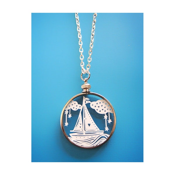 Papercut Sailboat Necklace- Original Handcut Paper in Glass Pendants with Silver Chain