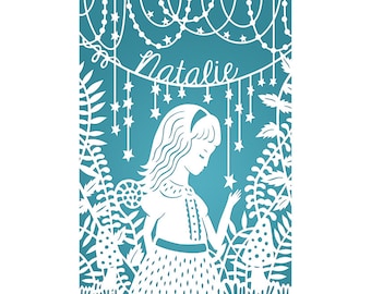 5x7" Personalized Print - Original Papercut - Customized with Your Name - Girl in the Forest Illustration