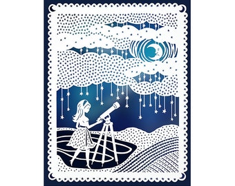 The Stargazer- Original Papercut Illustration - Night Sky - Girl and Telescope- 8x10 Print