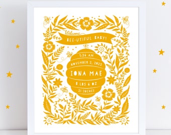 Personalized Print - 8x10 - Bee Baby Birth Announcement - Original Papercut Illustration - Customized Print for New Baby