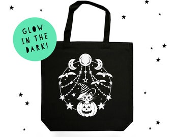 Cotton Tote Bag - Glow in the Dark -  Cat Witch with Pumpkin - Papercut Illustration