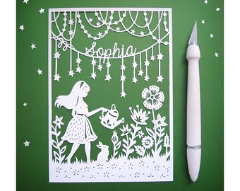 Personalized Papercut -Magic Garden 5x7" Paper Cut Illustration - Add Your Name
