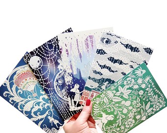 Postcard Set - 5 Unique Art Postcards - Prints of Original Papercut Illustrations