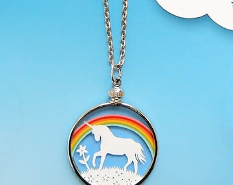 Papercut Rainbow Unicorn Necklace- Original Handcut Paper in Glass Pendants with Silver Chain