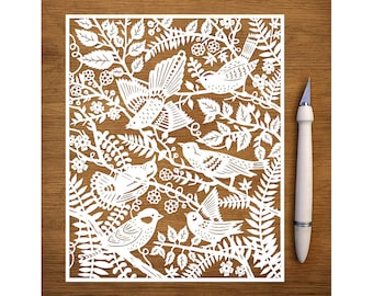 Original Papercut - Wild Birds - Handcut Paper Art - 8x10"