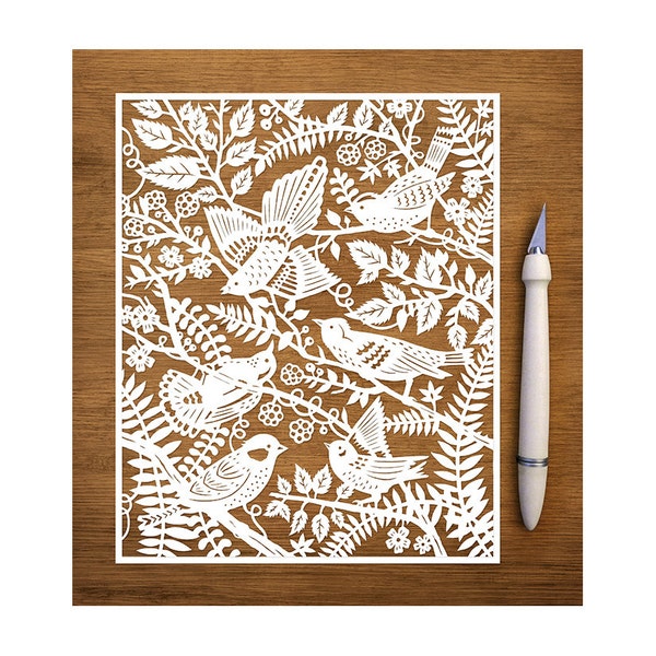 Original Papercut - Wild Birds - Handcut Paper Art - 8x10"