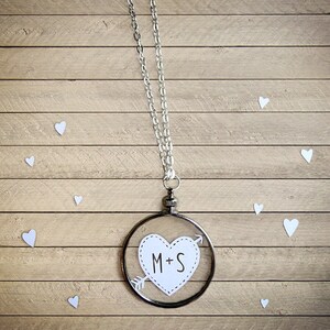 Initials Necklace Cupid's Heart and Arrow Original Handcut Paper in Glass with Silver Chain Papercut Jewelry image 2