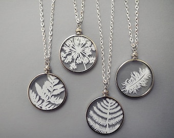 Papercut Necklaces - Original Handcut Paper in Glass Pendants with Silver Chain