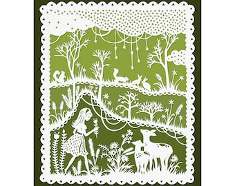 Green Meadows - 8x10 Print - Original Papercut Illustration - Girl and Deer