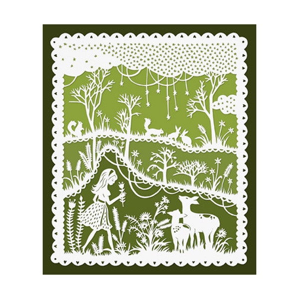 Green Meadows - 8x10 Print - Original Papercut Illustration - Girl and Deer