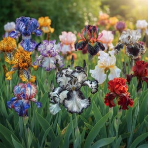 Peut inclure: Une collection vibrante d'iris barbus de diverses couleurs, incluant du bleu profond, de l'orange vif, du blanc aux bords violets, du rouge foncé et une fleur blanche frappante aux bords noirs frisés, poussant sur des tiges vertes.