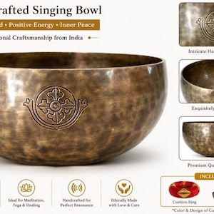 May include: A bronze-colored metal singing bowl with a hammered texture and an engraved circular symbol on the side. The set includes a red patterned cushion ring and a wooden striker. Text on the image reads Handcrafted Singing Bowl.