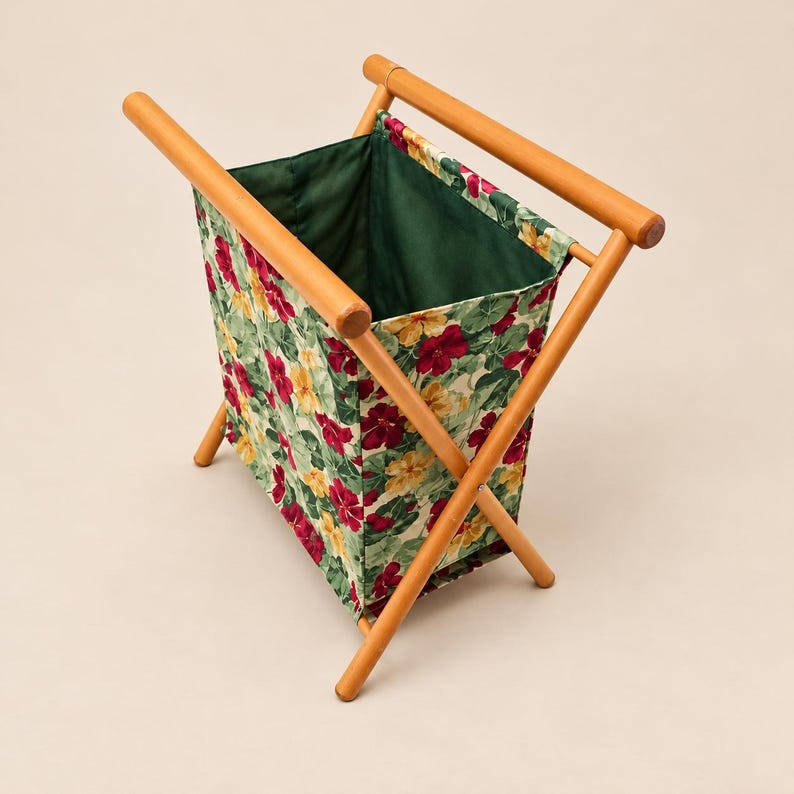 Vintage Wooden Magazine Rack | Floral Fabric Folding Newspaper Holder ...