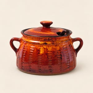 Vintage Estriceram Genin Trudeau Bean Pot 102/7-8, Red Orange Canadian Pottery with Lid and Ladle, Quebec Ceramic