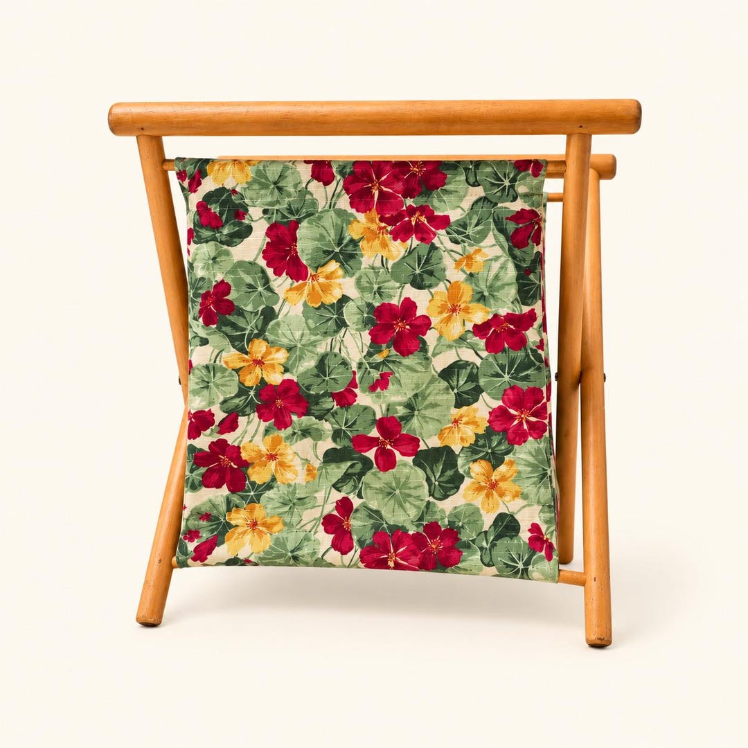Vintage Wooden Magazine Rack | Floral Fabric Folding Newspaper Holder ...