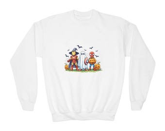 Kids Halloween Characters Crewneck | Scarecrow Ghost Pumpkin Crewneck