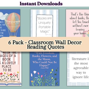 Könnte beinhalten: Ein Set aus sechs digitalen Wandbildern mit Lesezitaten und Illustrationen wie einem Heißluftballon, Blumen und einem Globus. Der Text enthält Sätze wie Books are Uniquely Portable Magic und Literature is the most agreeable way to ignore life.