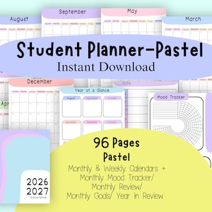 Pastel Student Planner 2026-2027 | Monthly Goal Setting | Monthly Reflection | Weekly Planner (Digital Download)