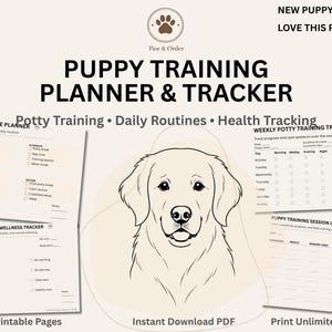 May include: A puppy training planner and tracker set featuring a central line drawing of a dog. The pages include a puppy routine planner, weekly potty training tracker, health and wellness tracker, and training session log with black text on white.