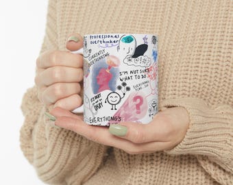 Taza de cerámica con dibujos de ansiedad / Bocetos sobre salud mental, 325 ml (11 oz)