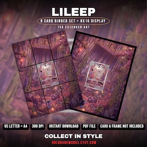 以下が含まれることがあります： Lileep 9枚カードバインダーセットと8x10ディスプレイ、TCG拡張アート。画像は植物のある部屋と中央のカードを描いた紫色の詳細なイラストです。テキストにはUS Letter + A4、300 DPI、Instant Download、PDF File、Collect in Styleが含まれています。