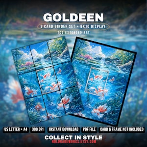 May include: A digital print set featuring Goldeen, including a 9-card binder layout and an 8x10 display. The artwork depicts a vibrant underwater scene with orange and white fish, aquatic plants, and a waterfall. Text includes US LETTER + A4.