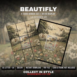 May include: A Beautifly 9 card binder set and 8x10 display TCG extended art print. The design features a vintage-style illustration of a butterfly creature in a field of flowers. Text includes BEAUTIFLY, 9 CARD BINDER SET + 8X10 DISPLAY, TCG EXTENDED ART.