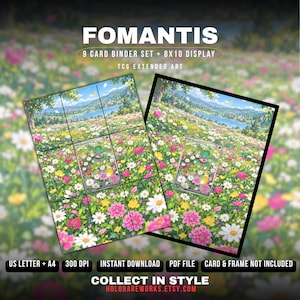 以下が含まれることがあります： Fomantis 9枚カードバインダーセットおよび8x10ディスプレイTCG拡張アートプリント。画像には、白、ピンク、黄色の花、湖、山々がある鮮やかな草原にいる緑色の生き物が描かれています。テキストには、FOMANTIS、US LETTER + A4、300 DPI、INSTANT DOWNLOAD、PDF FILE、CARD & FRAME NOT INCLUDED、COLLECT IN STYLEが含まれています。